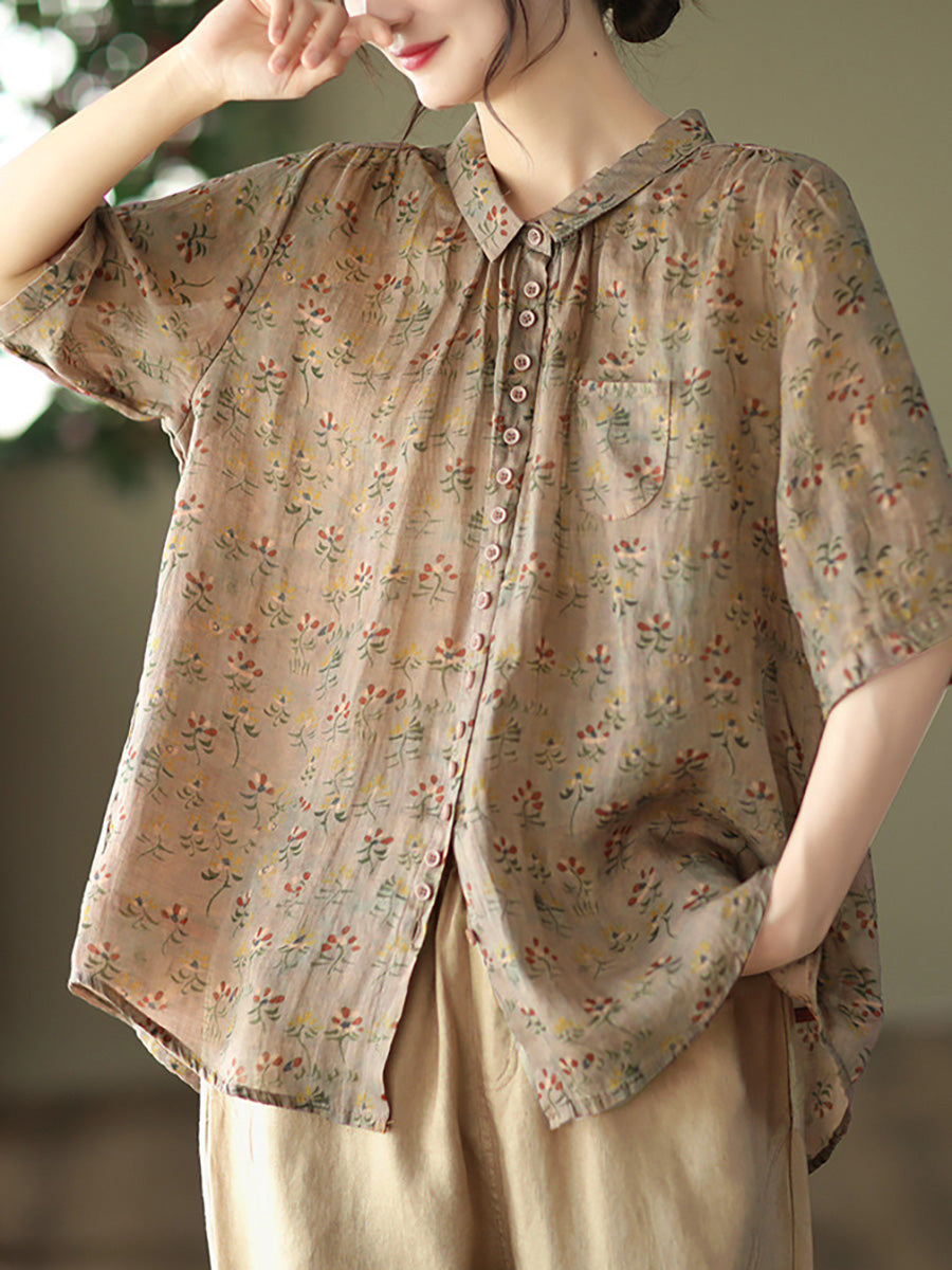 Übergröße Vintage Floral Ramie Casual Sommer Damen Shirt