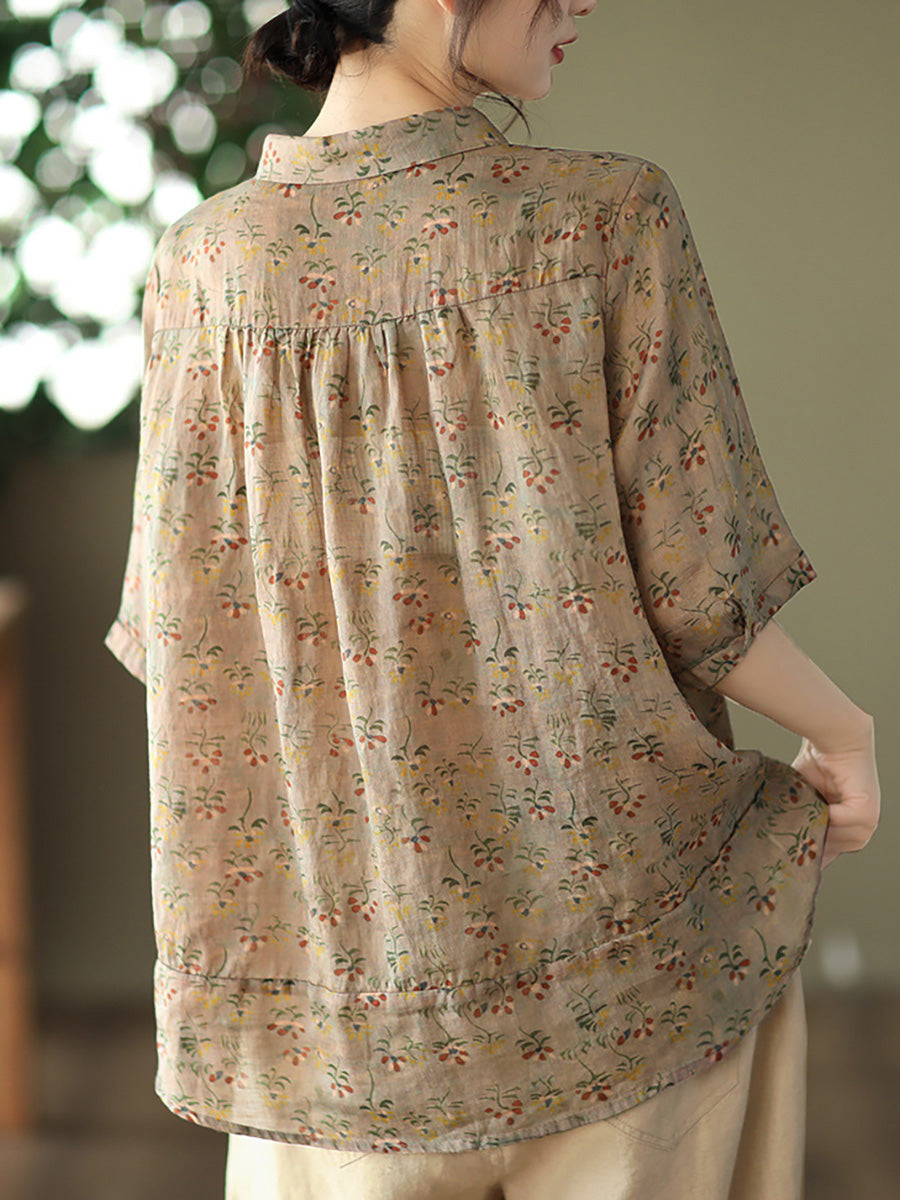 Übergröße Vintage Floral Ramie Casual Sommer Damen Shirt