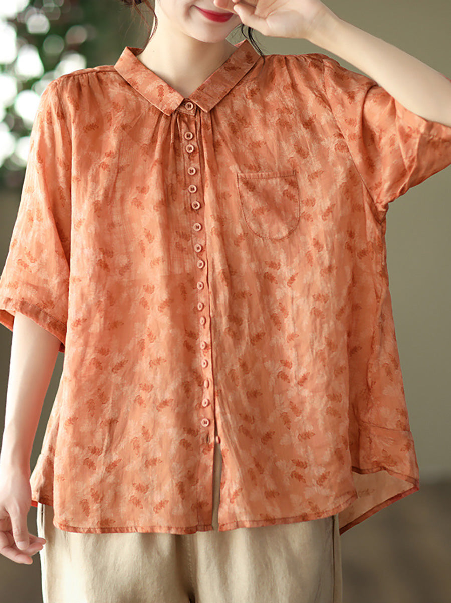 Übergröße Vintage Floral Ramie Casual Sommer Damen Shirt