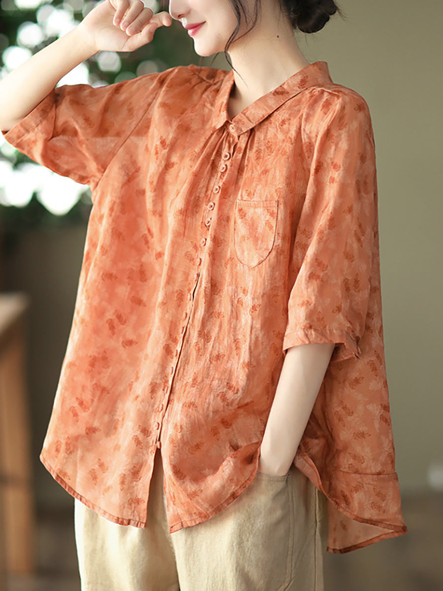 Übergröße Vintage Floral Ramie Casual Sommer Damen Shirt