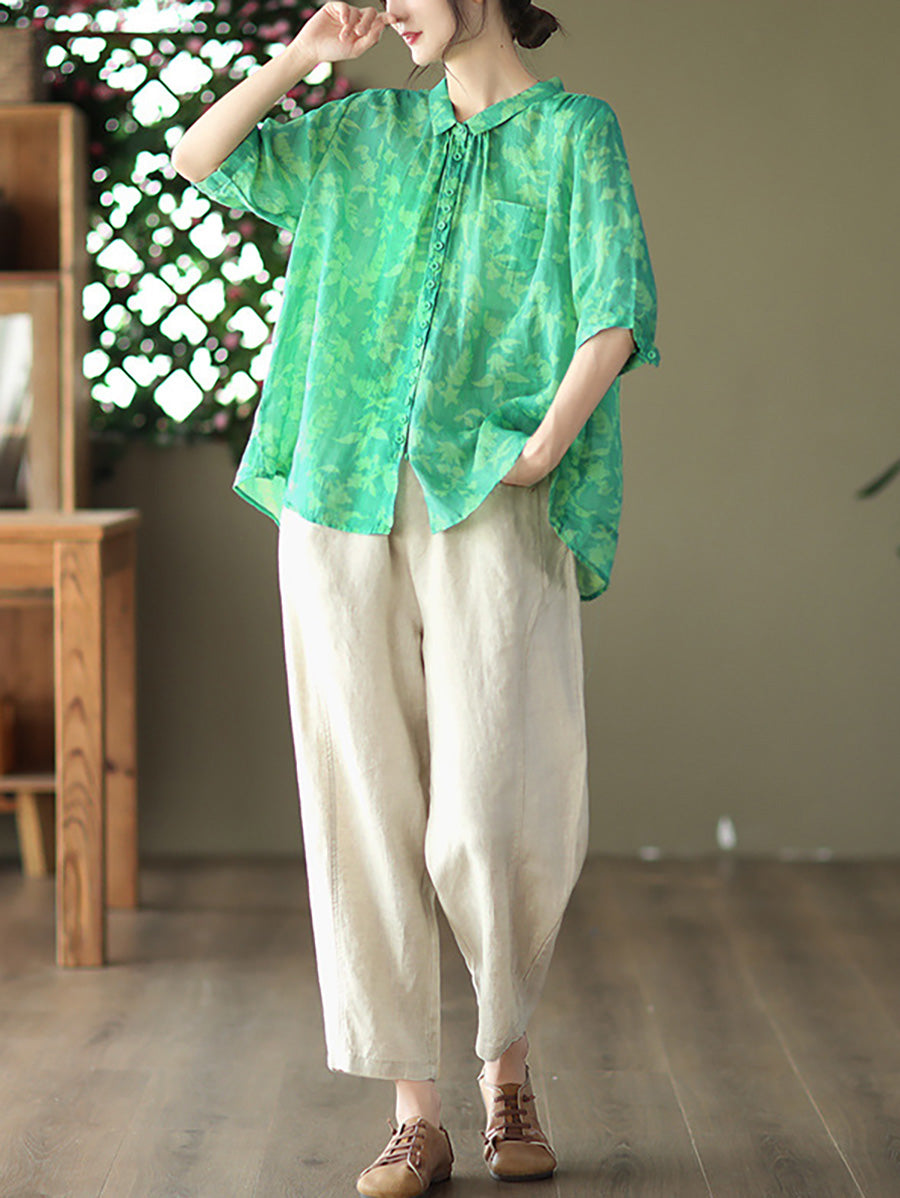 Übergröße Vintage Floral Ramie Casual Sommer Damen Shirt