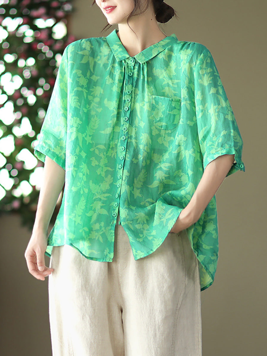 Übergröße Vintage Floral Ramie Casual Sommer Damen Shirt