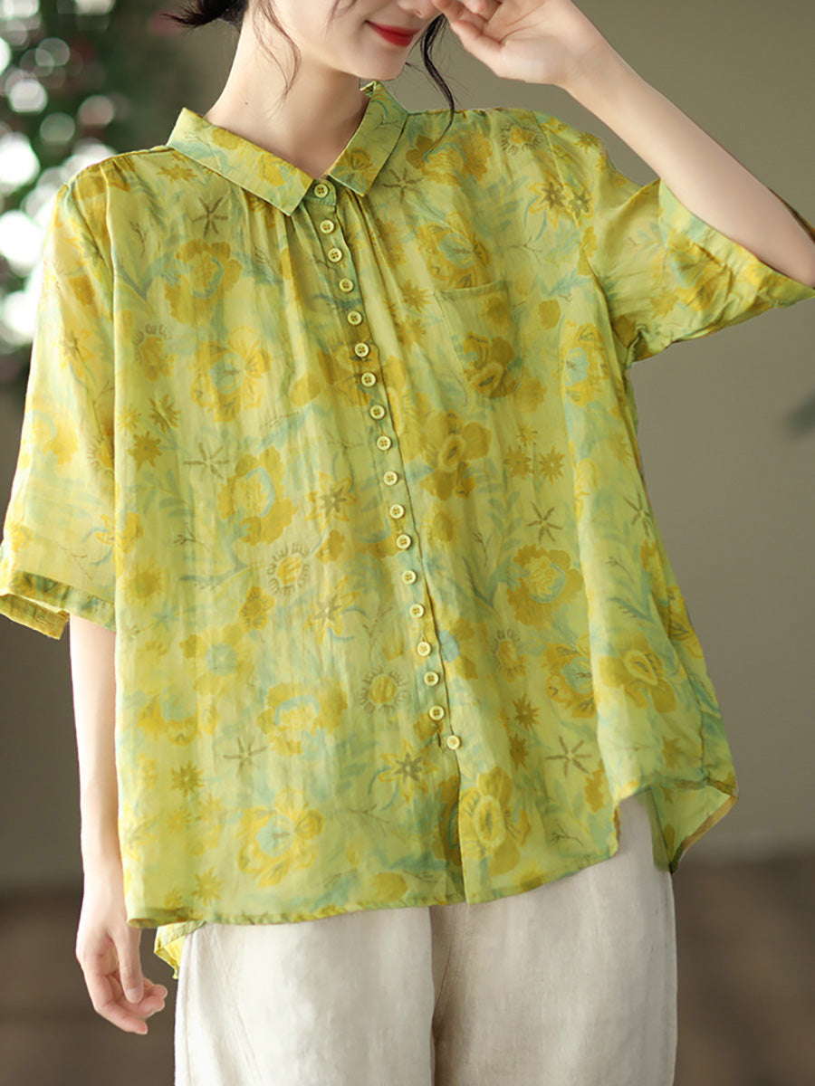 Übergröße Vintage Floral Ramie Casual Sommer Damen Shirt