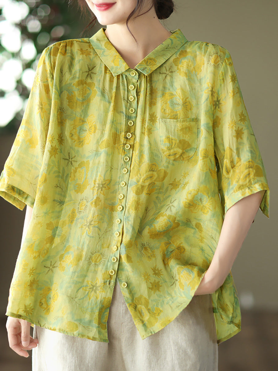 Übergröße Vintage Floral Ramie Casual Sommer Damen Shirt