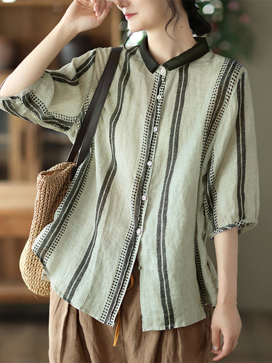Plus Size Vintage Streifen Ramie Lässiges Sommerhemd für Damen