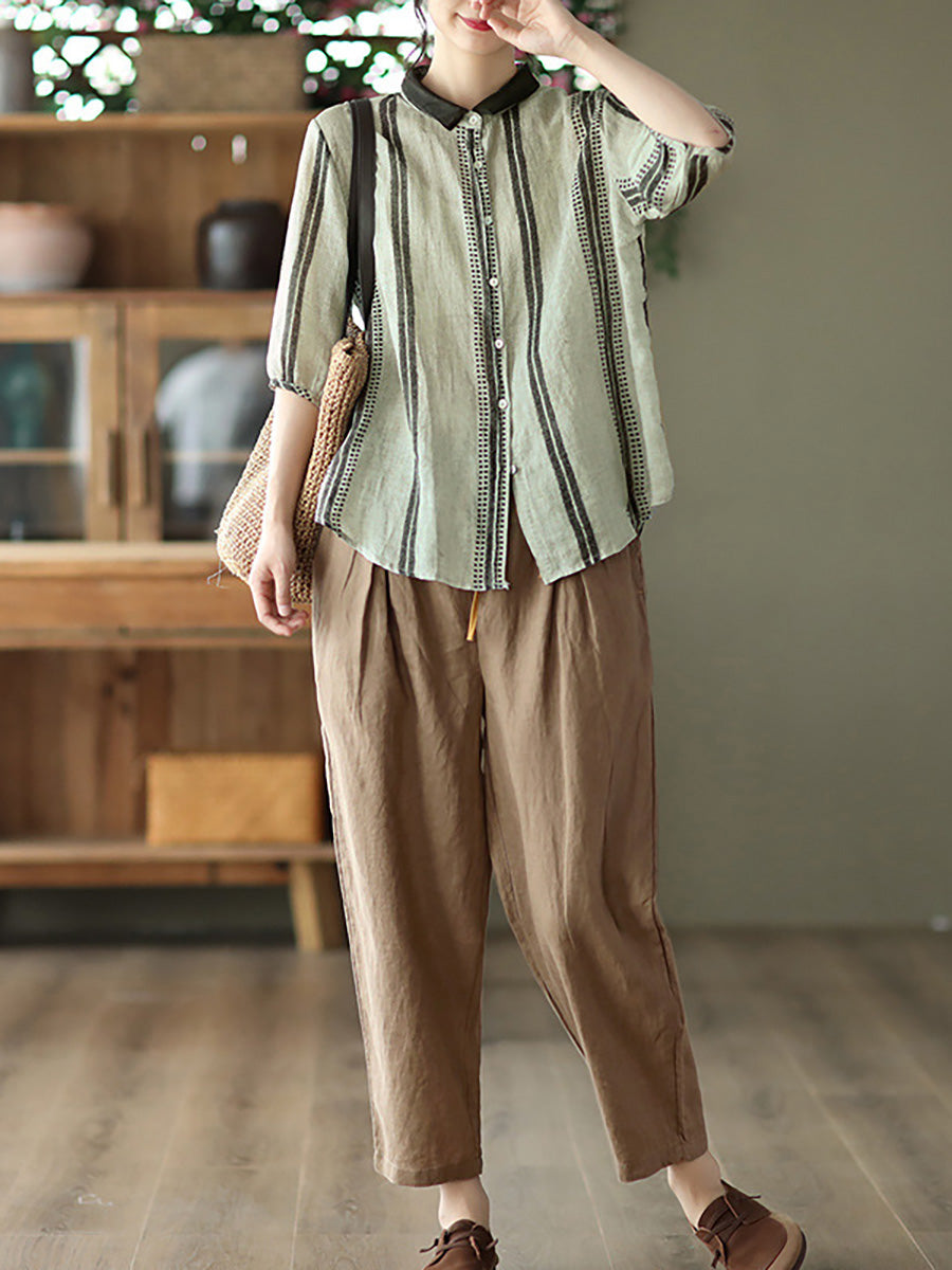 Plus Size Vintage Streifen Ramie Lässiges Sommerhemd für Damen