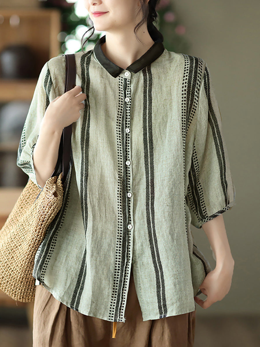 Plus Size Vintage Streifen Ramie Lässiges Sommerhemd für Damen