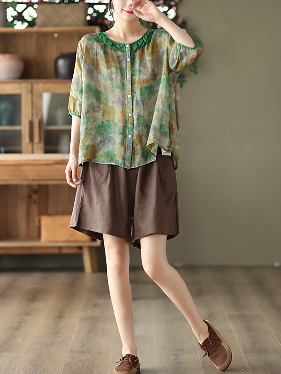 Plus Size Floral Ramie Vintage Sommer Damen Shirt