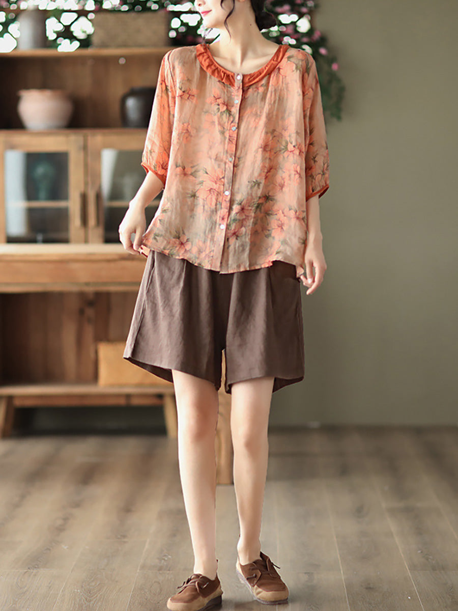 Plus Size Floral Ramie Vintage Sommer Damen Shirt