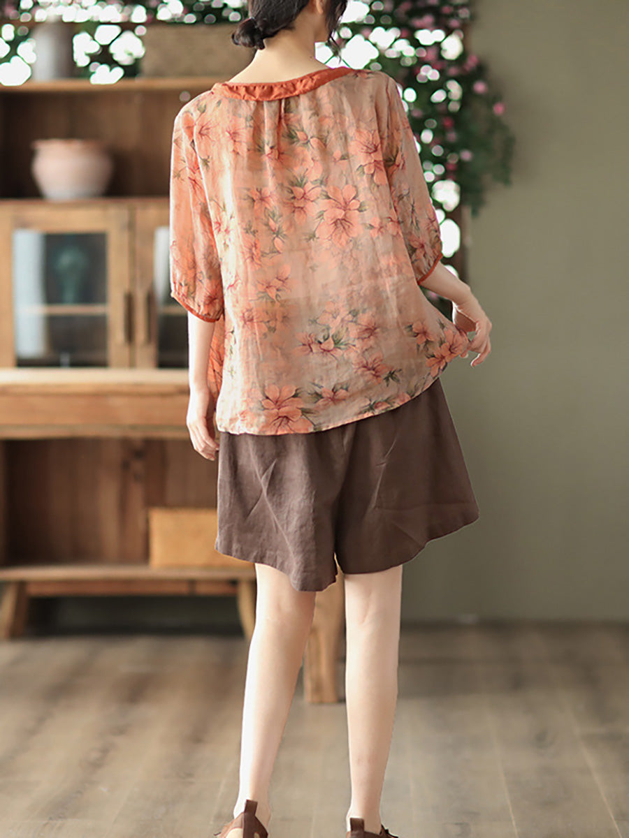 Plus Size Floral Ramie Vintage Sommer Damen Shirt