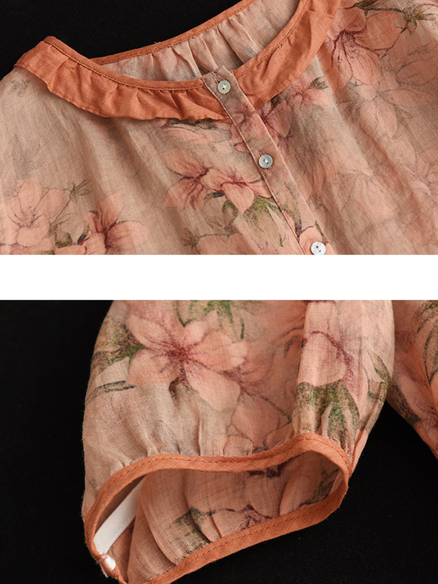 Plus Size Floral Ramie Vintage Sommer Damen Shirt