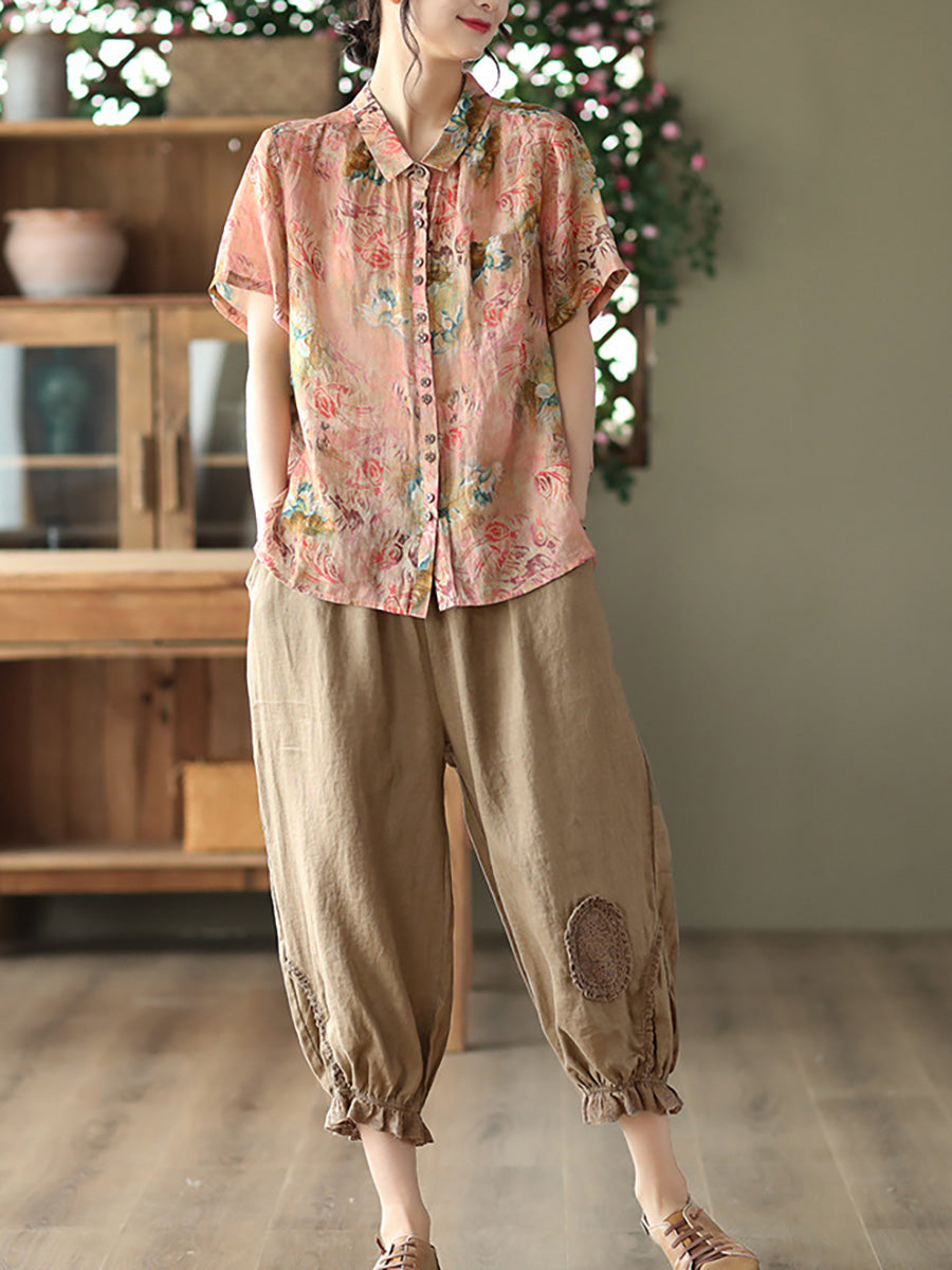 Plus Size Floral Ramie Vintage Sommer Damen Lockeres Hemd