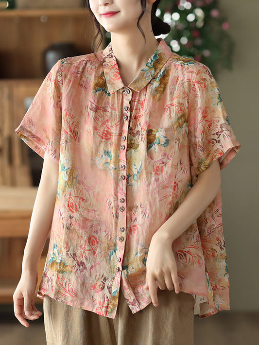 Plus Size Floral Ramie Vintage Sommer Damen Lockeres Hemd