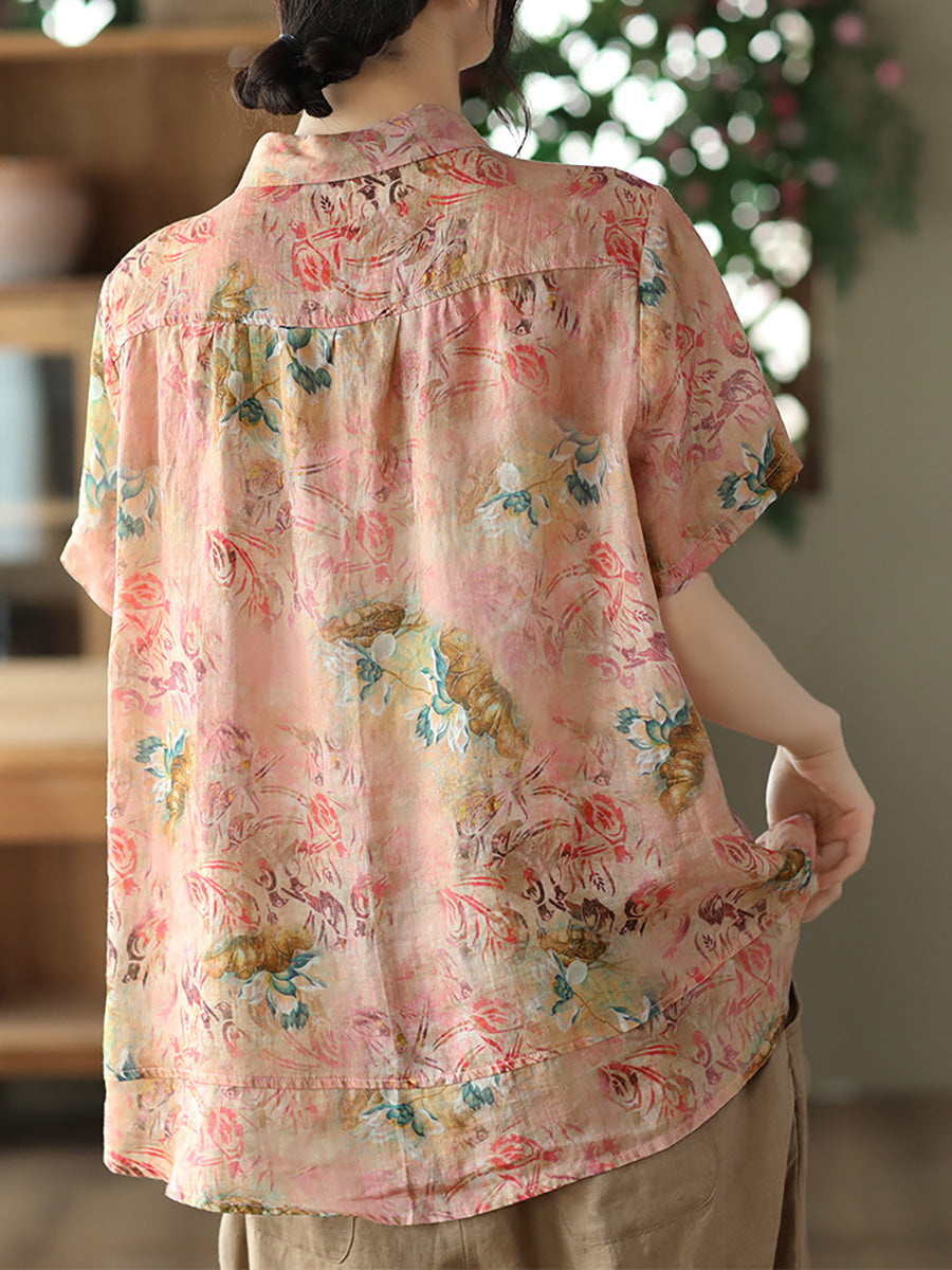 Plus Size Floral Ramie Vintage Sommer Damen Lockeres Hemd
