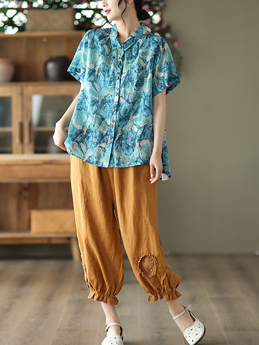Plus Size Floral Ramie Vintage Sommer Damen Lockeres Hemd