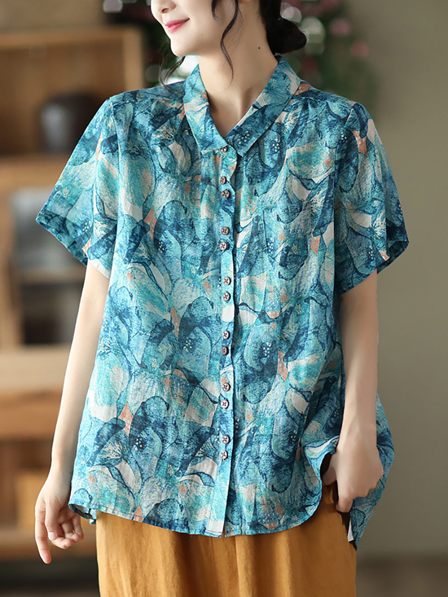 Plus Size Floral Ramie Vintage Sommer Damen Lockeres Hemd