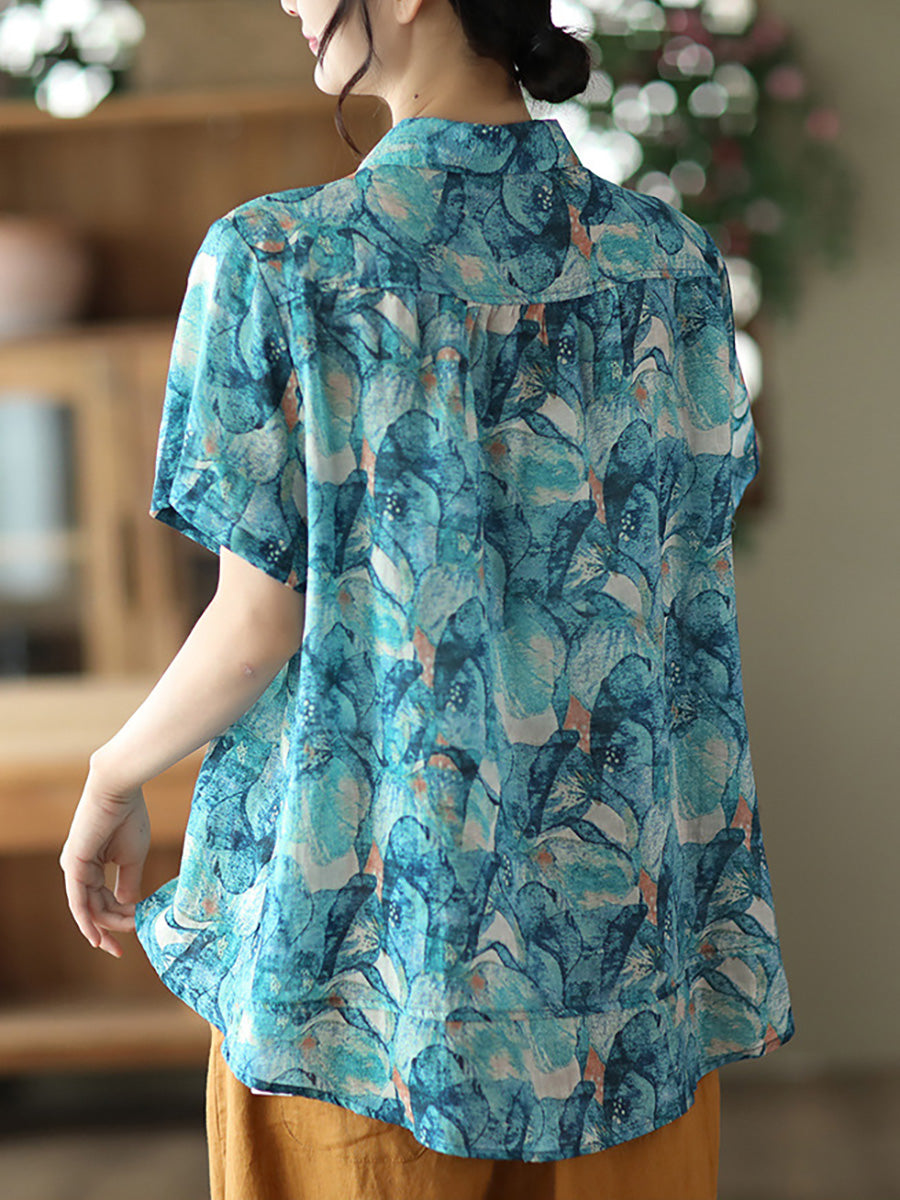 Plus Size Floral Ramie Vintage Sommer Damen Lockeres Hemd