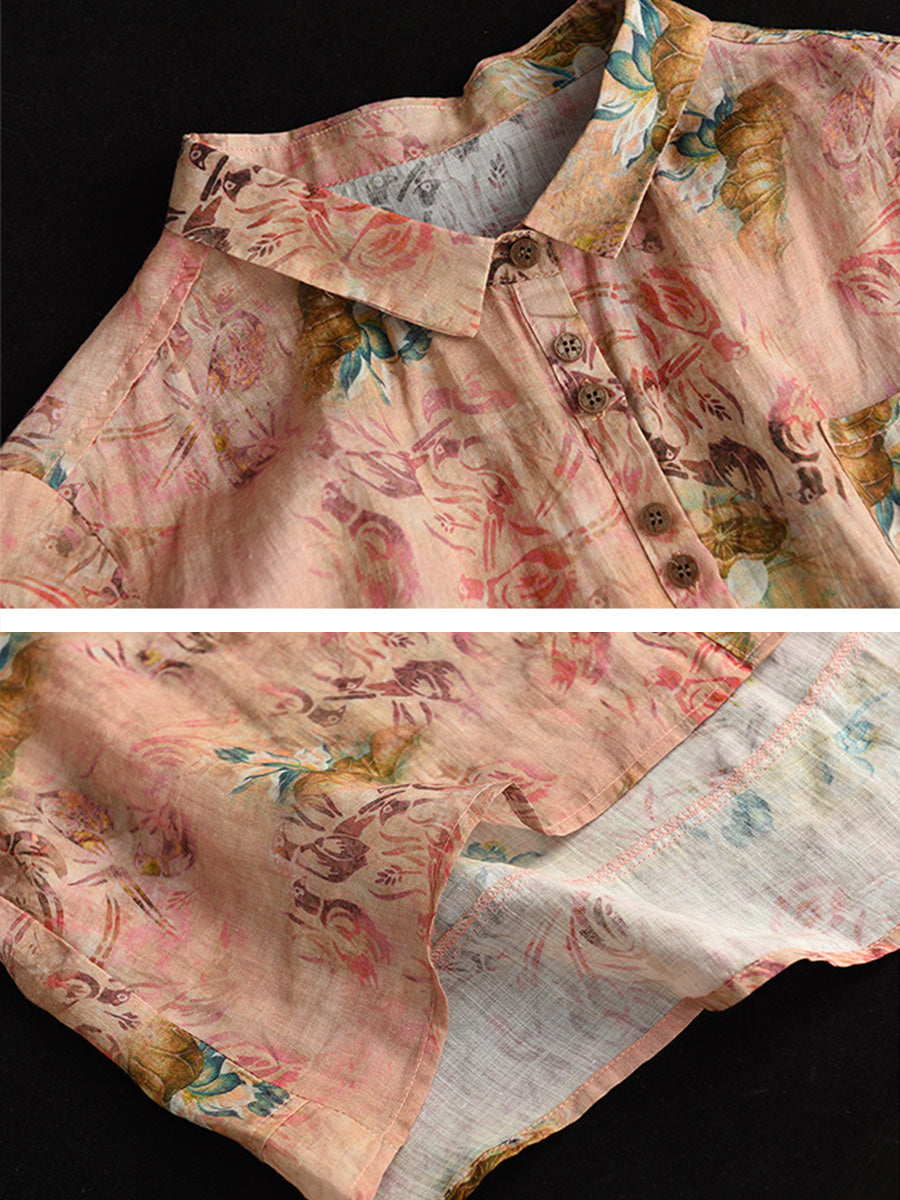 Plus Size Floral Ramie Vintage Sommer Damen Lockeres Hemd