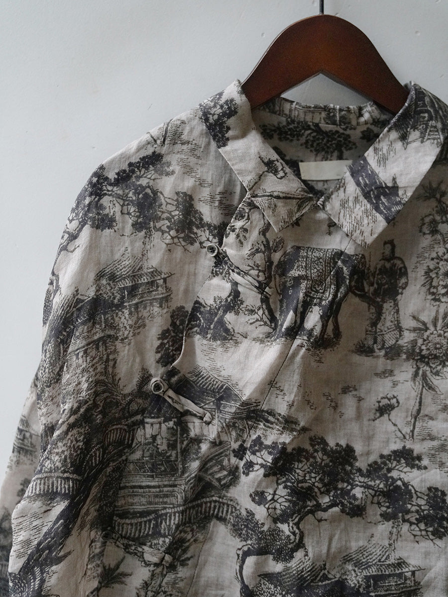 Plus Size Vintage Floral Ramie Herbst Damen Loses Hemd