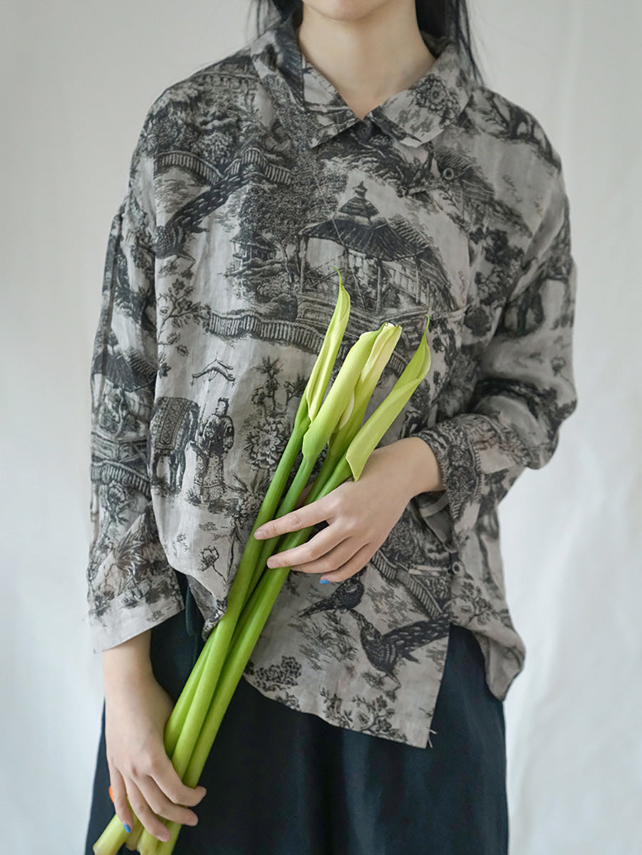 Plus Size Vintage Floral Ramie Herbst Damen Loses Hemd