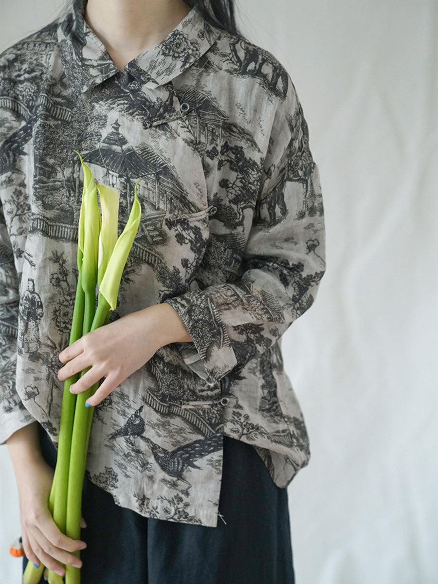 Plus Size Vintage Floral Ramie Herbst Damen Loses Hemd