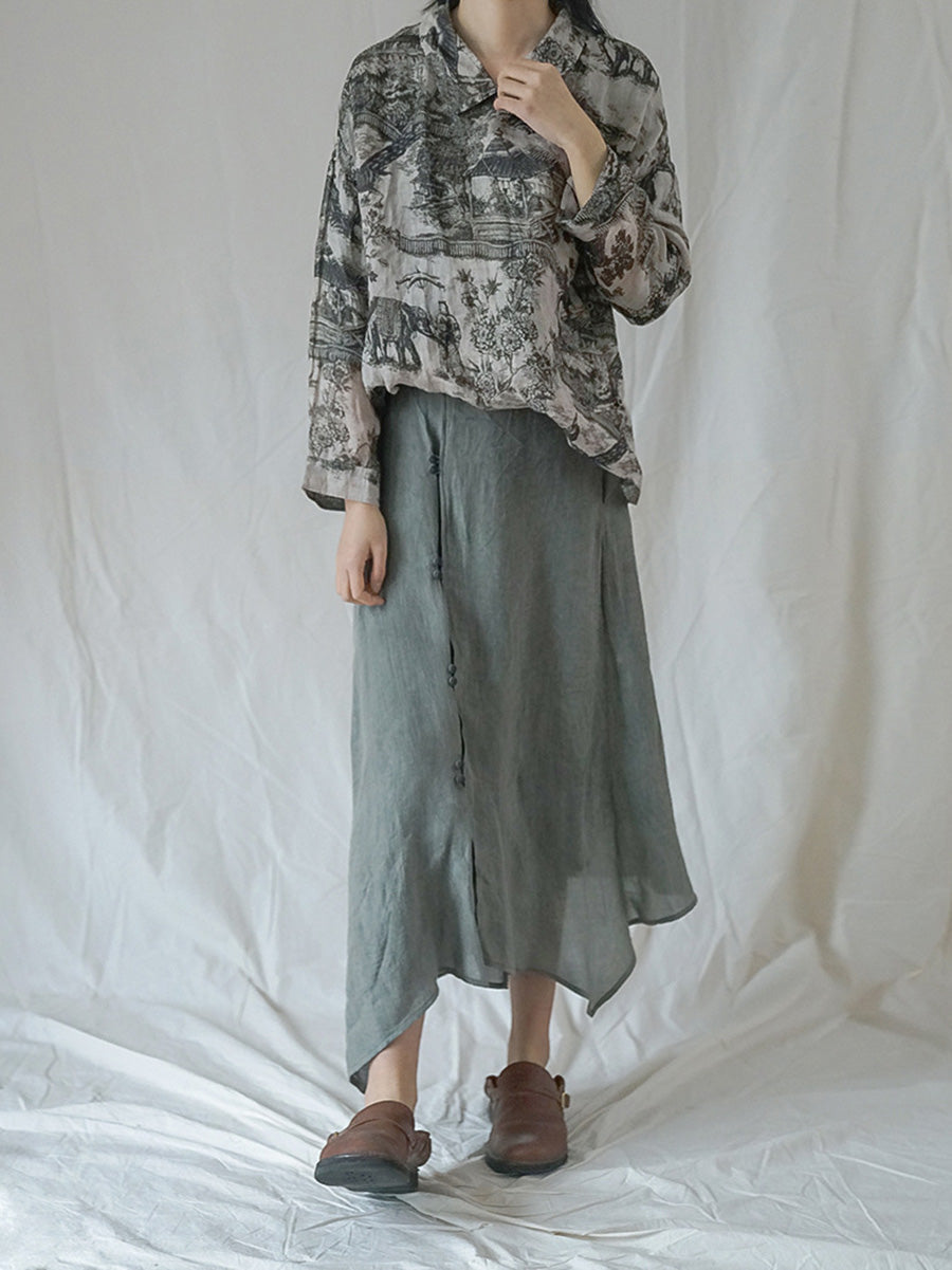 Plus Size Vintage Floral Ramie Herbst Damen Loses Hemd