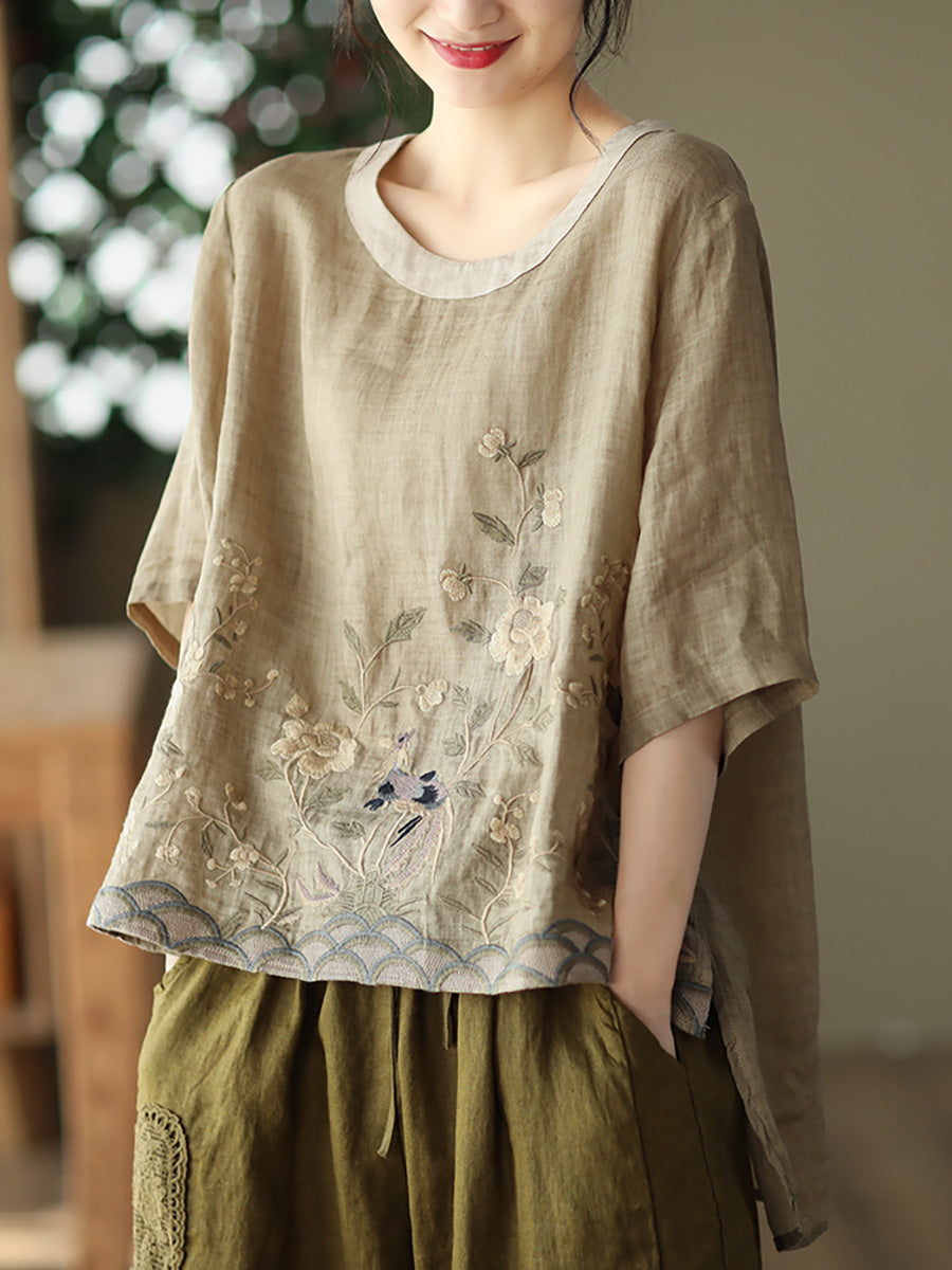 Lässiges Ramie-T-Shirt mit Stickerei für Damen in Übergröße