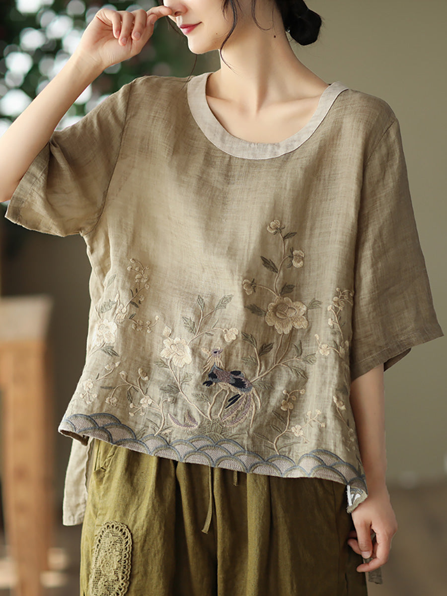 Lässiges Ramie-T-Shirt mit Stickerei für Damen in Übergröße