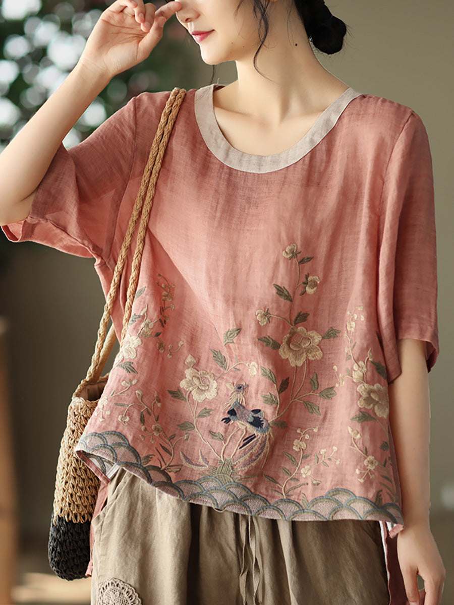Lässiges Ramie-T-Shirt mit Stickerei für Damen in Übergröße