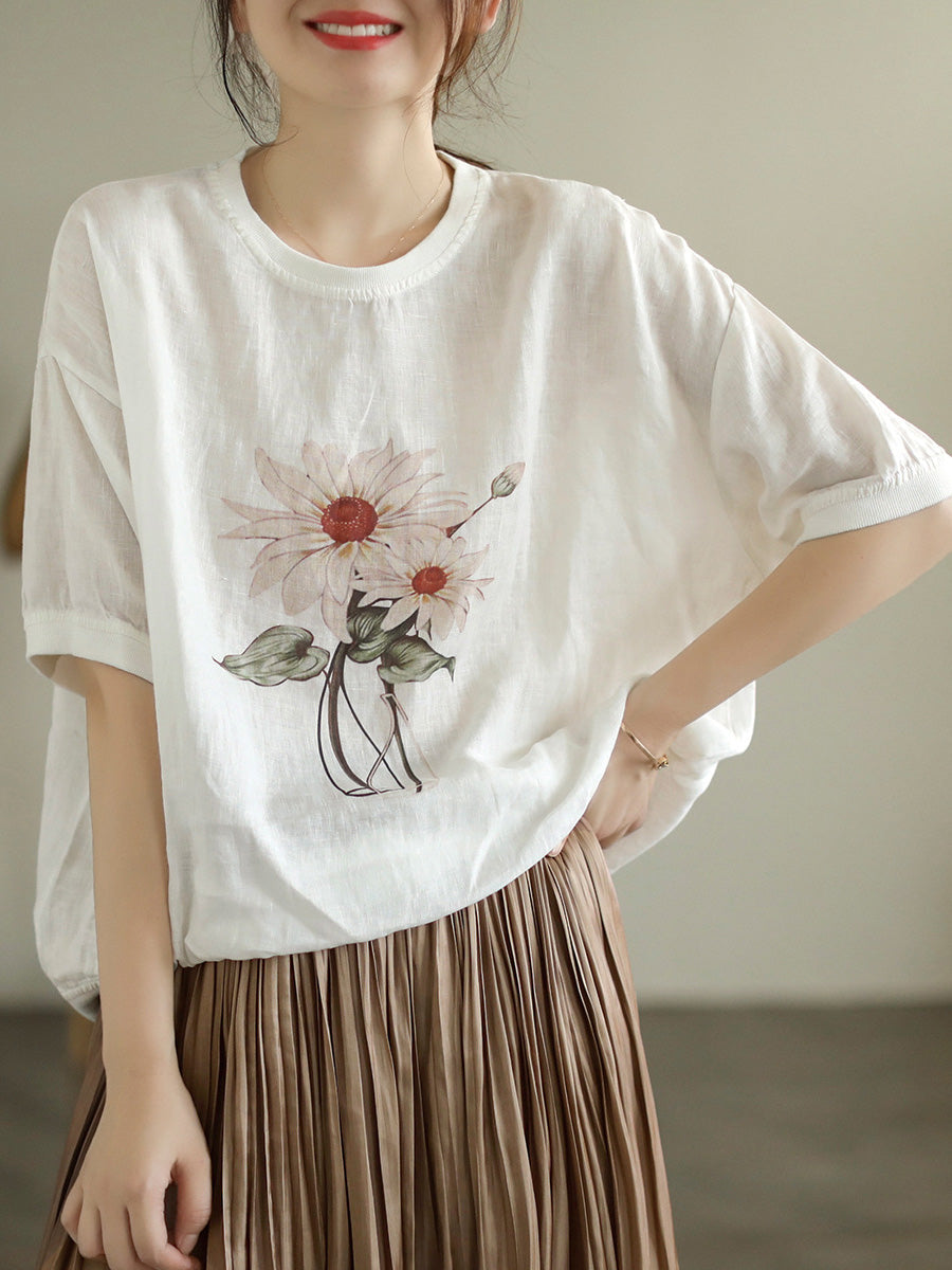 Übergröße Damen Leinen Lässiges Sommerblumen Kurzarm T-Shirt