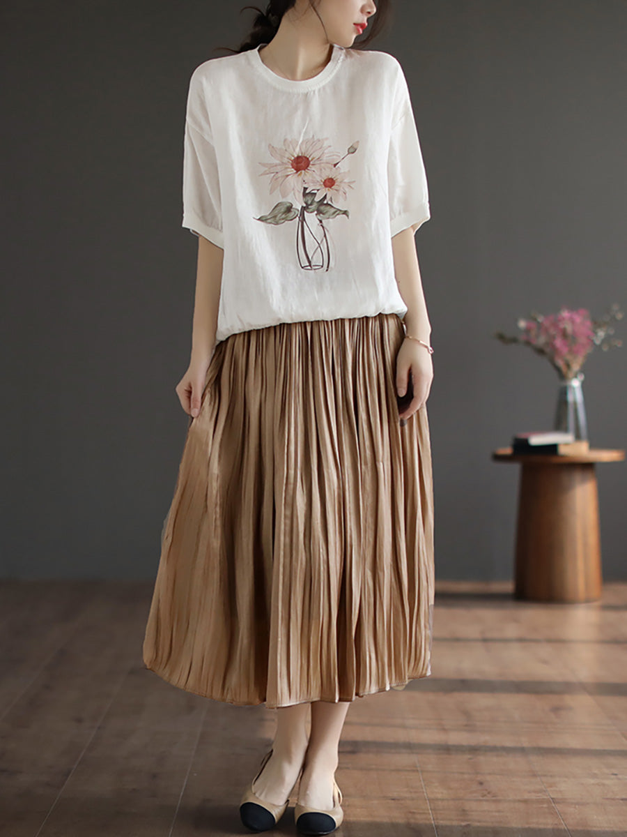 Übergröße Damen Leinen Lässiges Sommerblumen Kurzarm T-Shirt