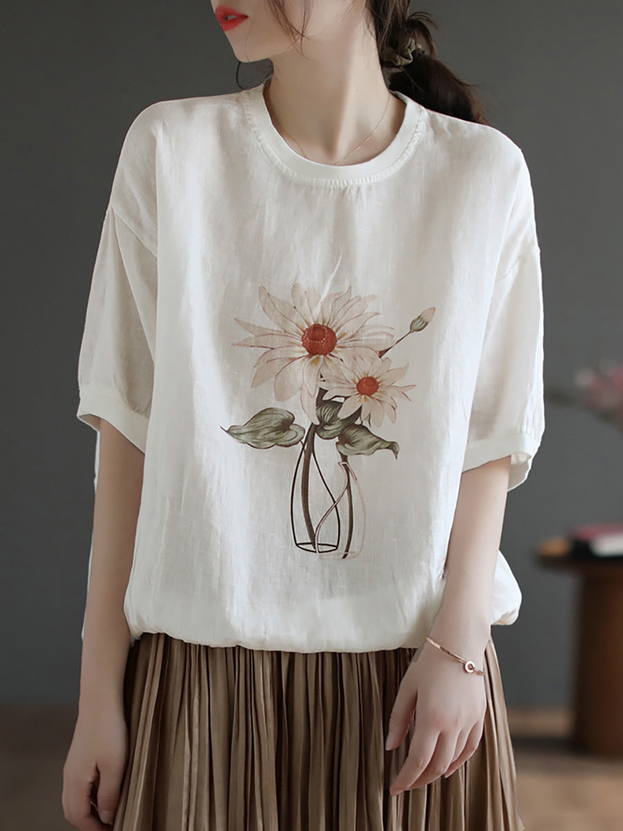 Übergröße Damen Leinen Lässiges Sommerblumen Kurzarm T-Shirt