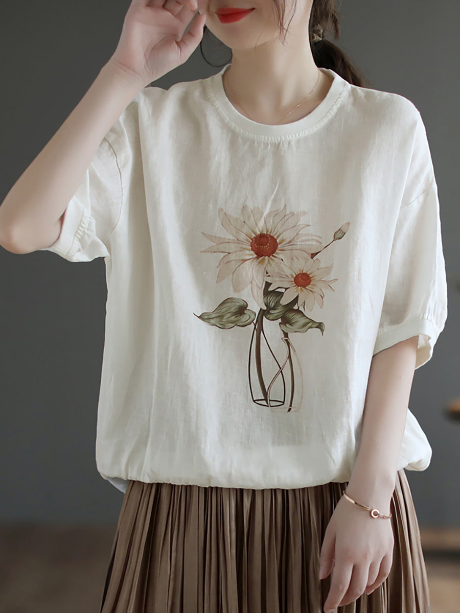 Übergröße Damen Leinen Lässiges Sommerblumen Kurzarm T-Shirt