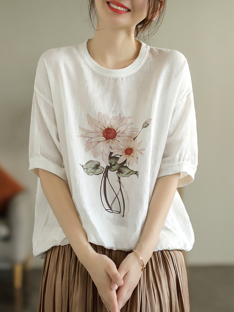 Übergröße Damen Leinen Lässiges Sommerblumen Kurzarm T-Shirt