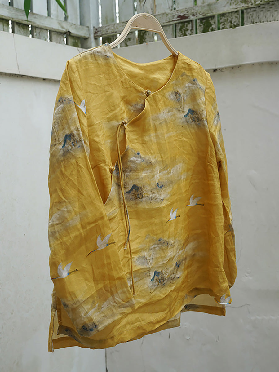 Übergröße Damen Vintage Floral Slanted Ramie Shirt