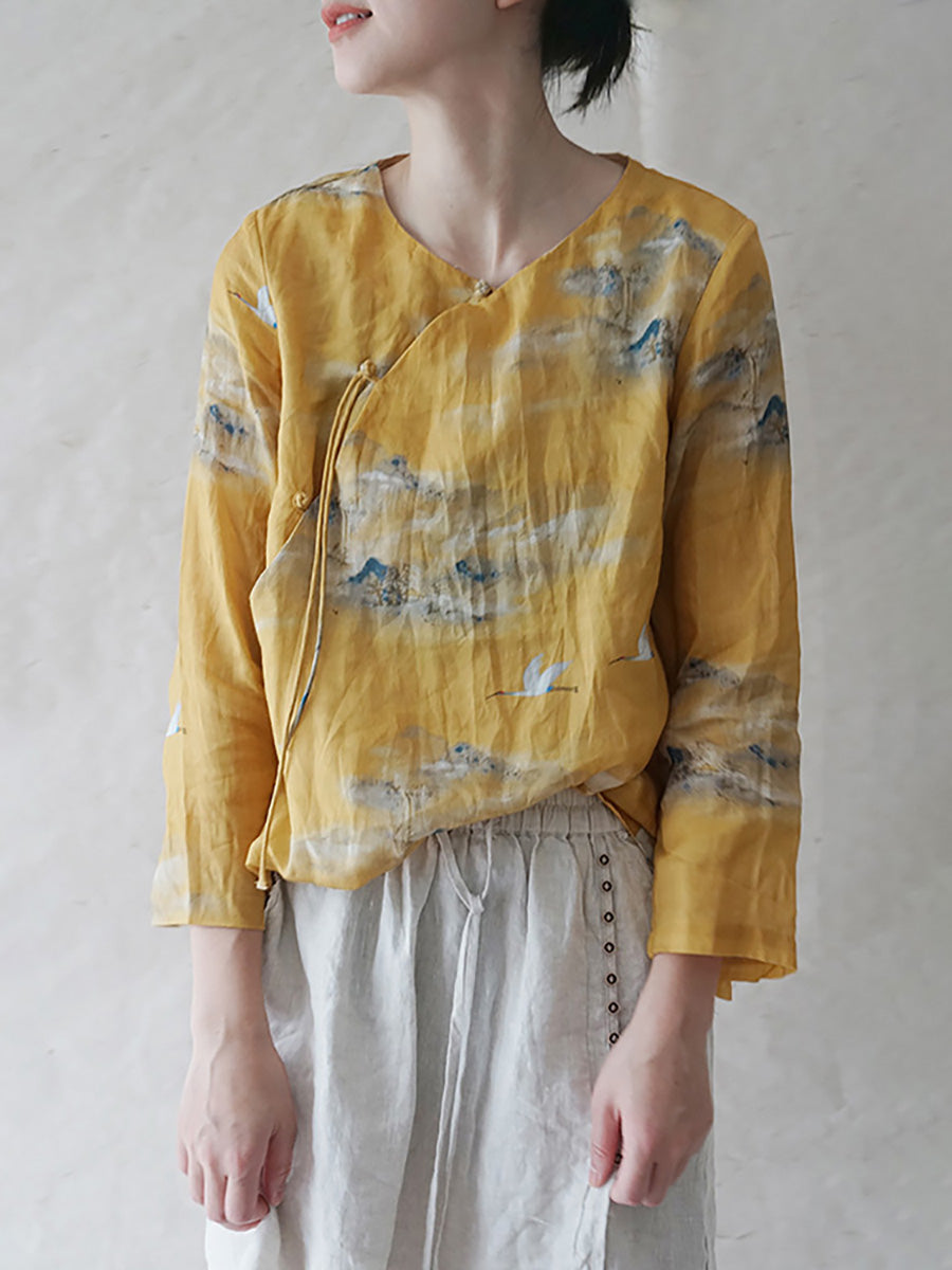 Übergröße Damen Vintage Floral Slanted Ramie Shirt