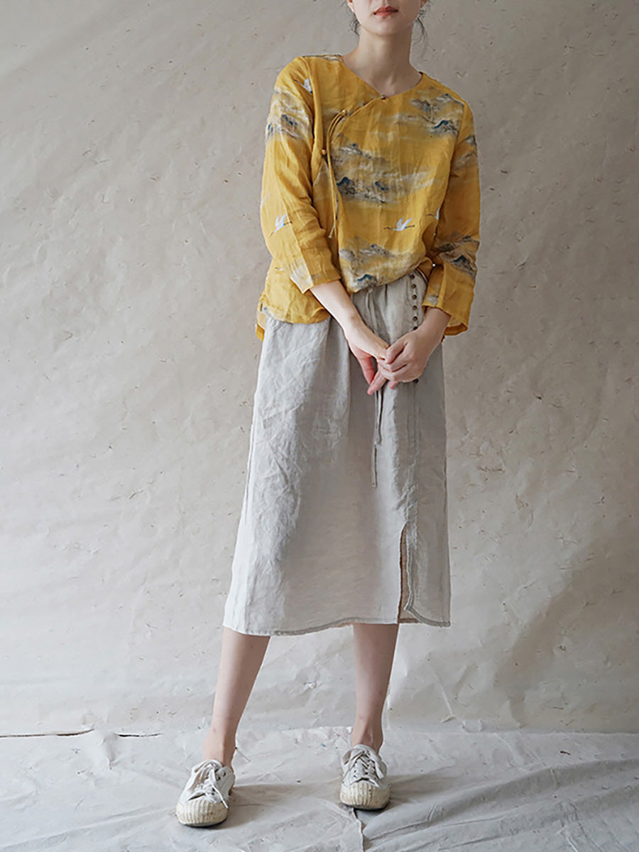 Übergröße Damen Vintage Floral Slanted Ramie Shirt