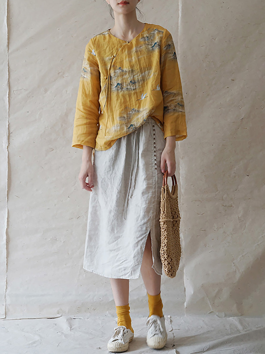 Übergröße Damen Vintage Floral Slanted Ramie Shirt