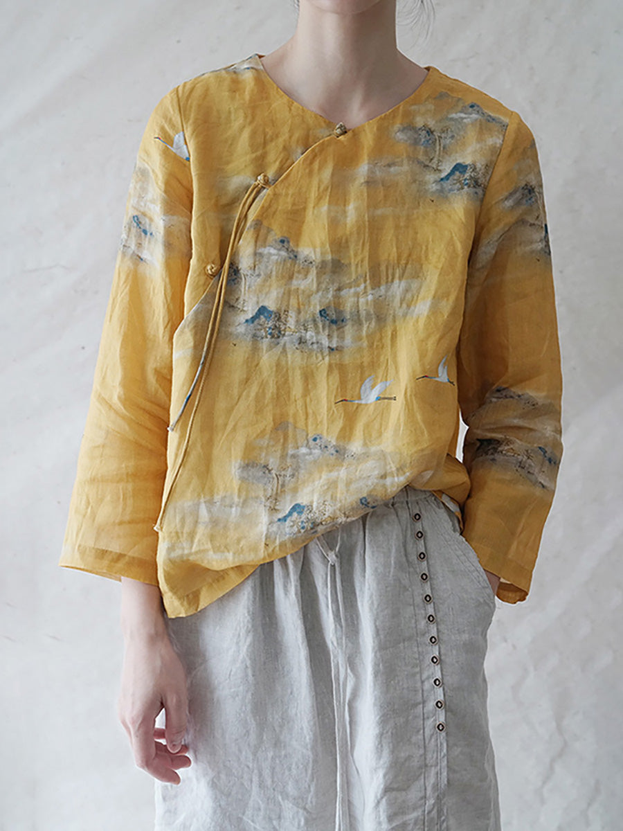 Übergröße Damen Vintage Floral Slanted Ramie Shirt