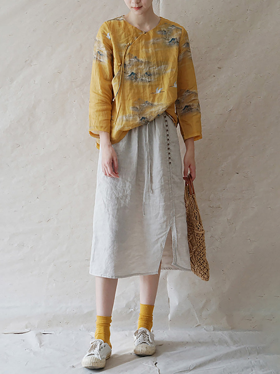Übergröße Damen Vintage Floral Slanted Ramie Shirt