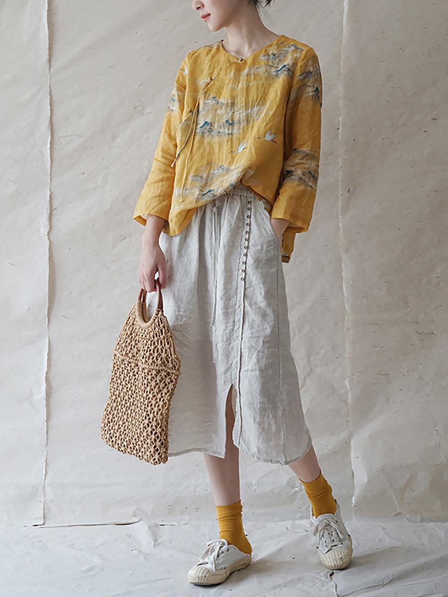 Übergröße Damen Vintage Floral Slanted Ramie Shirt
