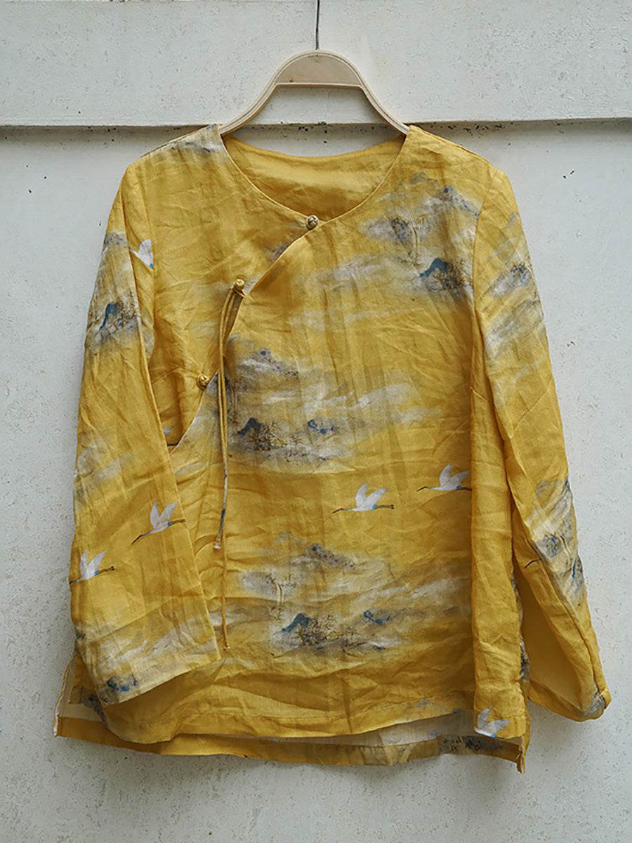 Übergröße Damen Vintage Floral Slanted Ramie Shirt
