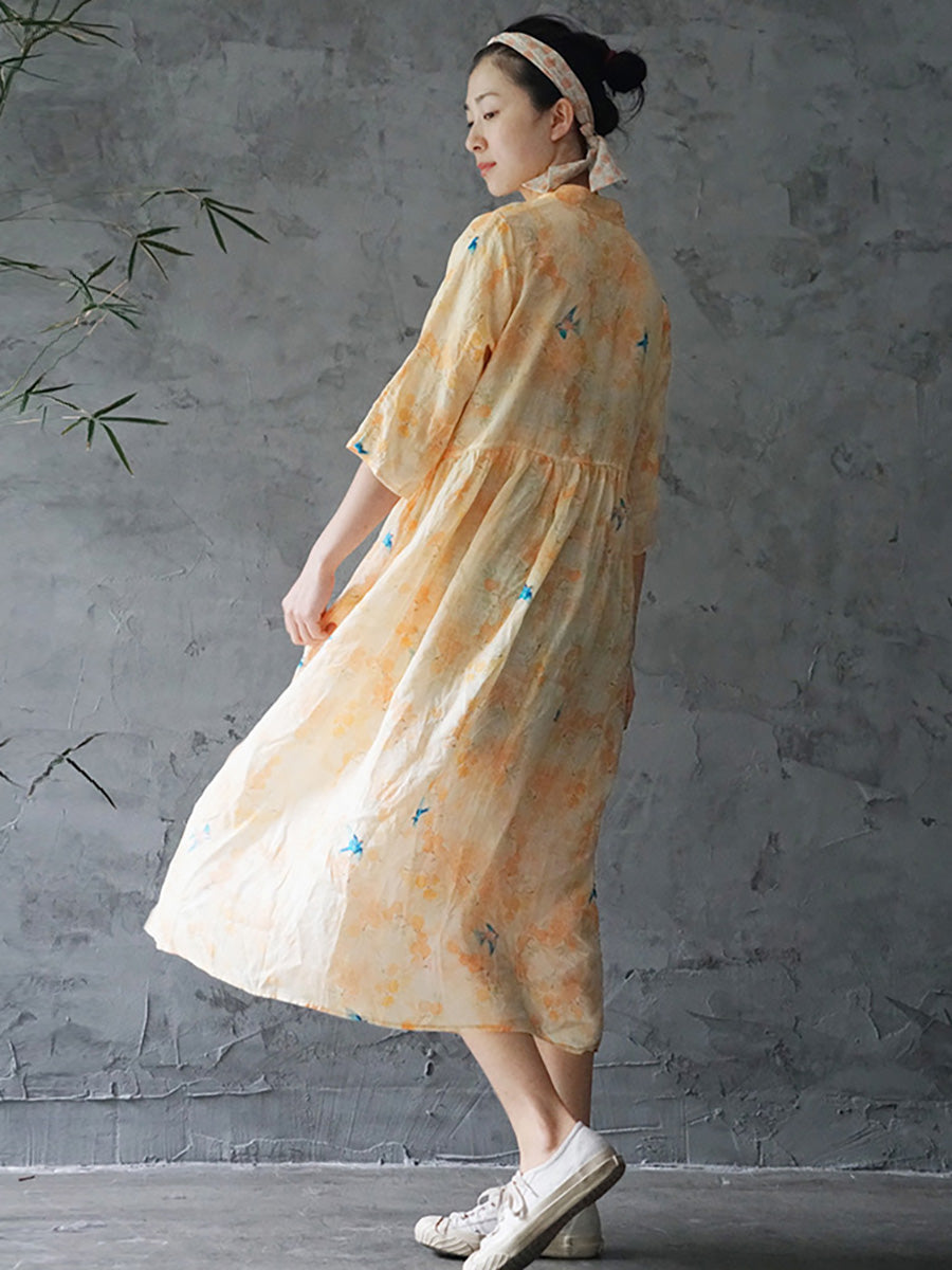 Plus Size Ramie Floral Vintage Damen Sommer Lockeres Kleid