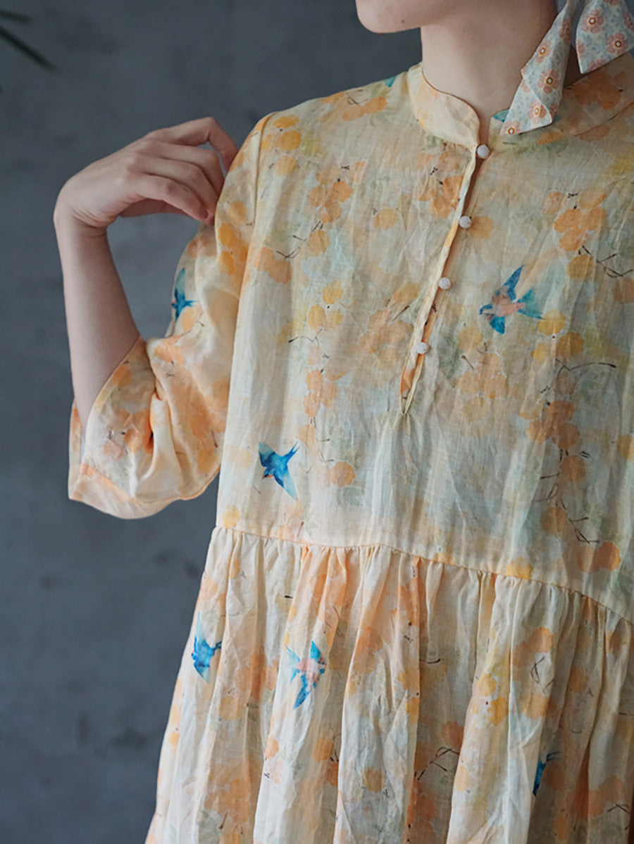 Plus Size Ramie Floral Vintage Damen Sommer Lockeres Kleid
