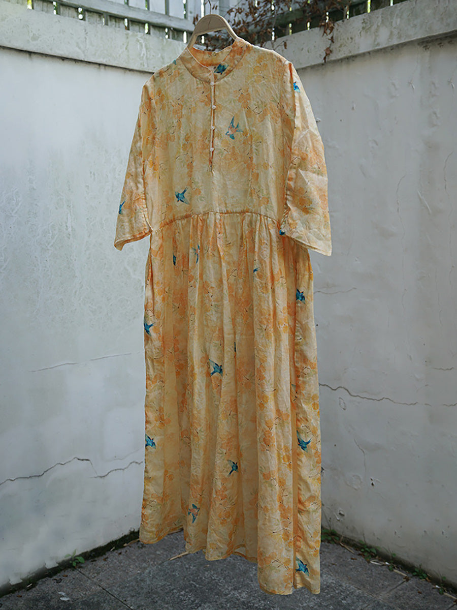 Plus Size Ramie Floral Vintage Damen Sommer Lockeres Kleid
