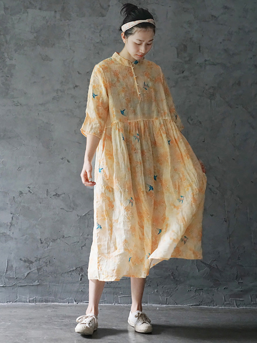 Plus Size Ramie Floral Vintage Damen Sommer Lockeres Kleid