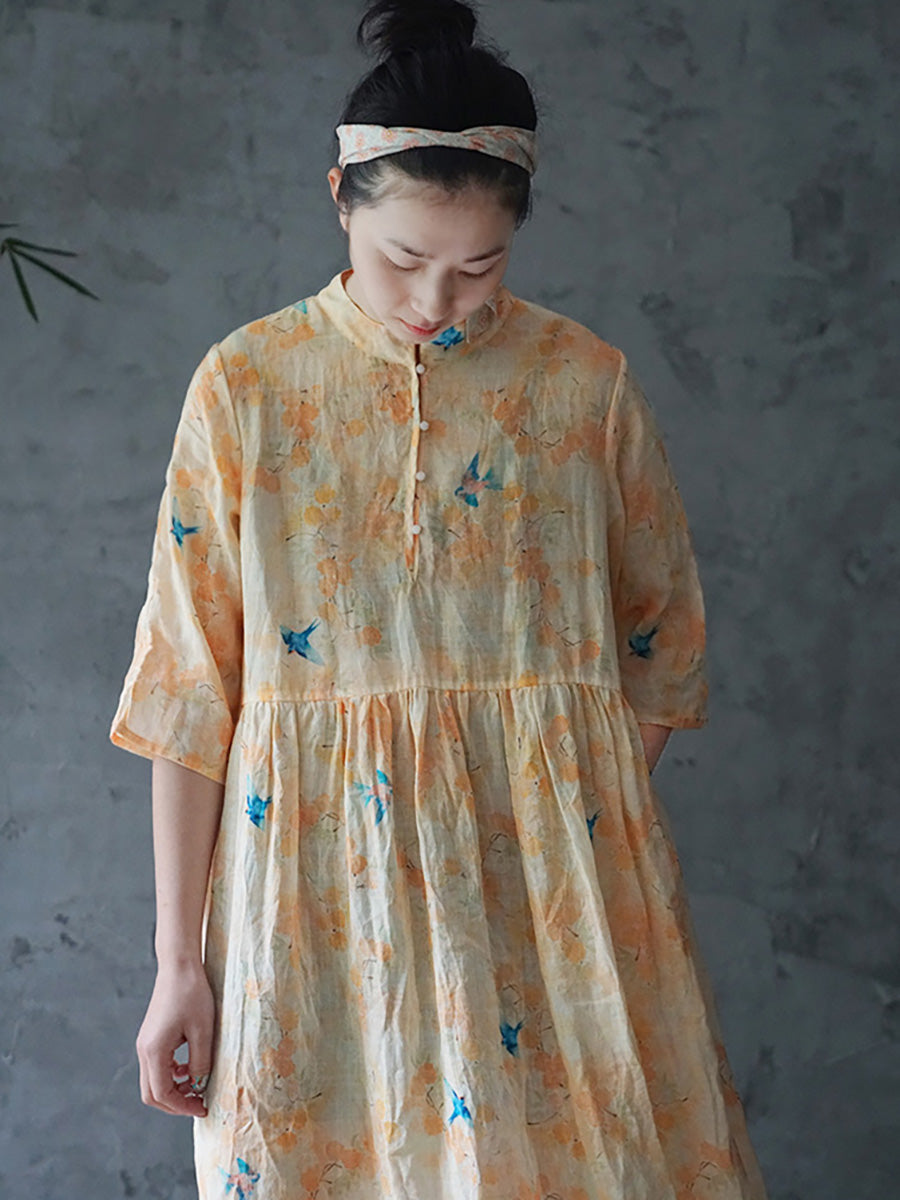 Plus Size Ramie Floral Vintage Damen Sommer Lockeres Kleid