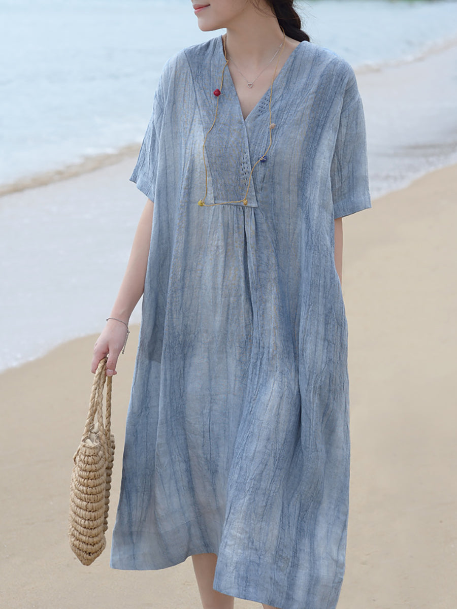 Lockeres Vintage-Kleid aus Leinen für Damen in Übergröße mit V-Ausschnitt