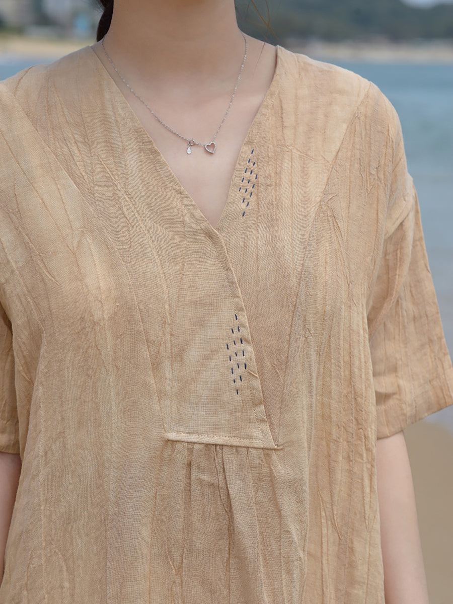 Lockeres Vintage-Kleid aus Leinen für Damen in Übergröße mit V-Ausschnitt