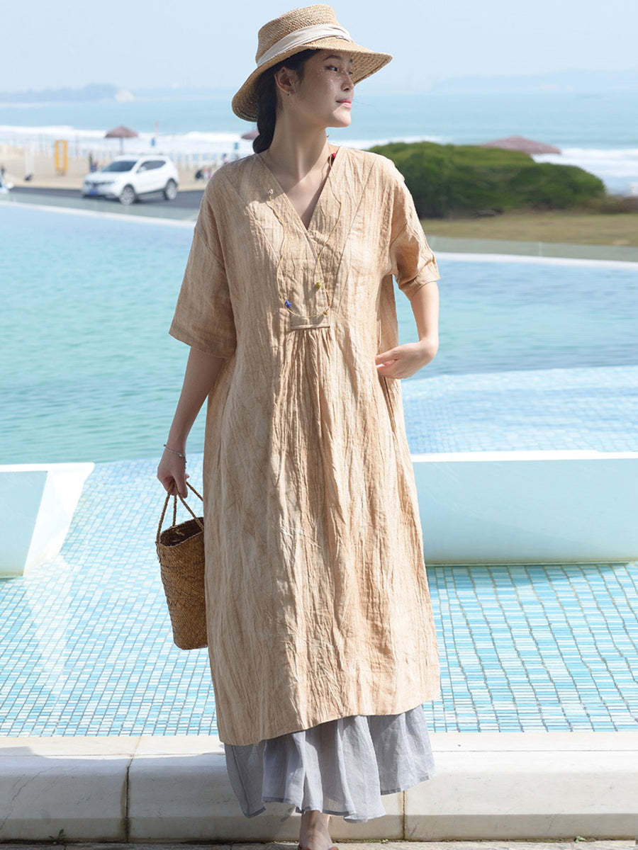 Lockeres Vintage-Kleid aus Leinen für Damen in Übergröße mit V-Ausschnitt